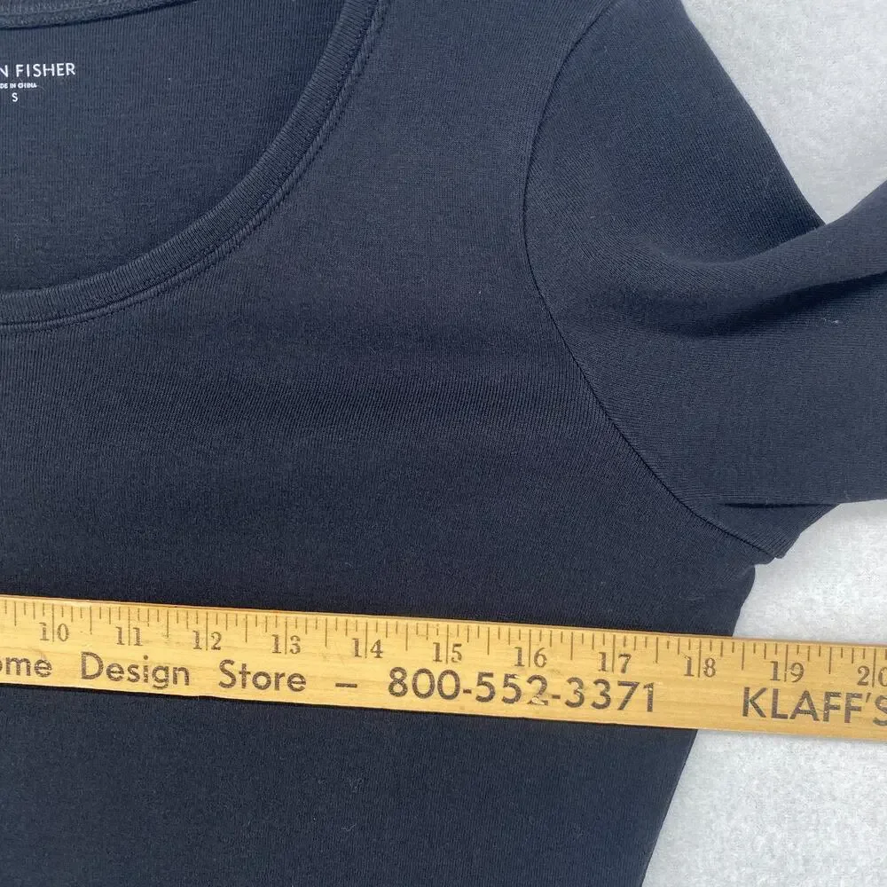 EILEEN FISHER Top S Organic Cotton Ribbed Jersey Scoop Neck Elbow Sleeve Black - Picture 7 of 9
